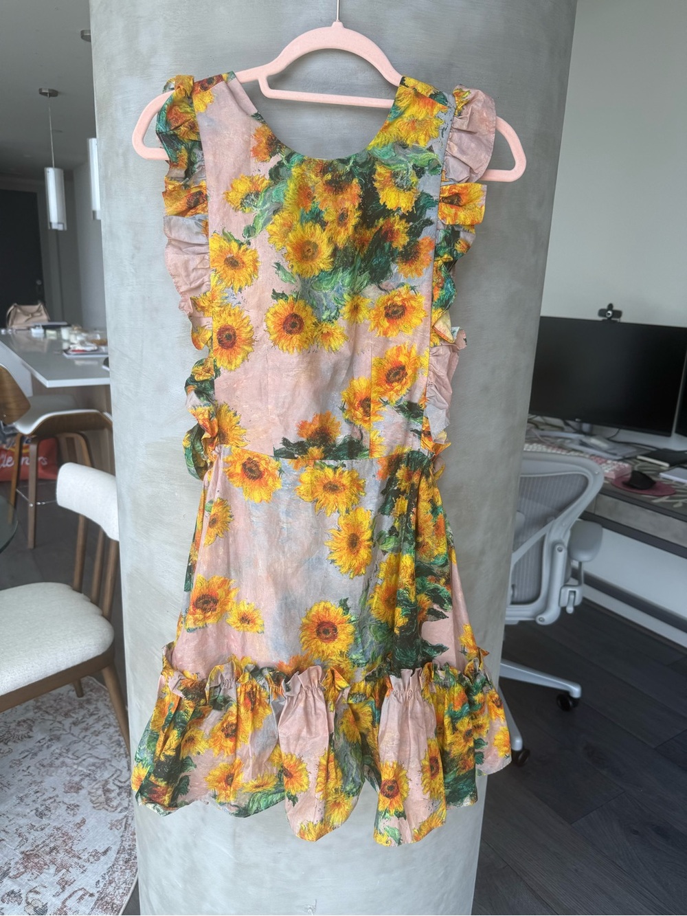 Selkie Monet Sunflower Ruffle Dress - Pink Yellow Floral